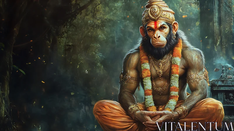Serene monkey warrior deity resting in a glowing jungle temple.