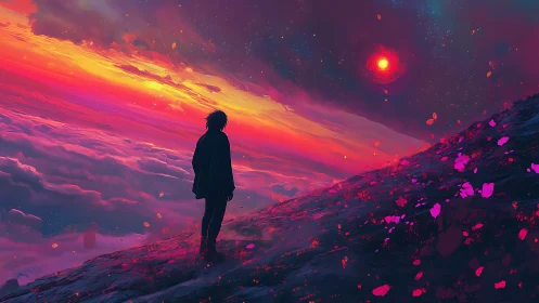 Solitary figure contemplates a cosmic neon sunset above clouds
