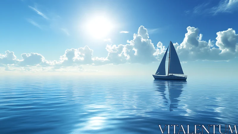 Single sailboat moves across calm reflective ocean surface