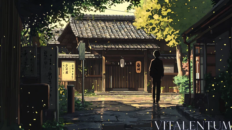 Silhouetted figure in quiet alley before wooden gate.