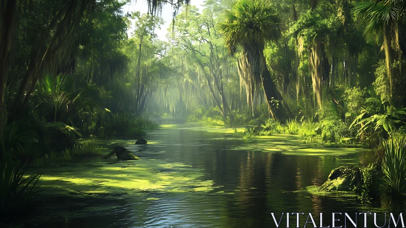 Sunlit Bayou Waterway Through Ancient Trees.
