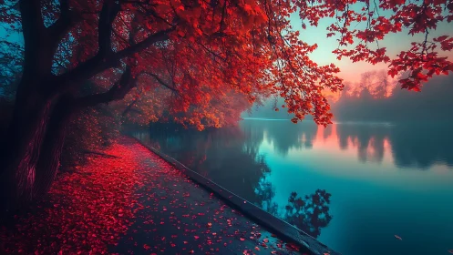 Riverside path beneath red foliage at misty twilight.