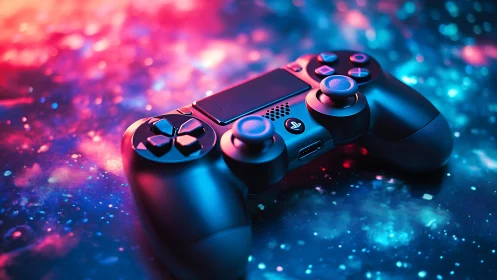 Cosmic gamepad adrift in neon galaxy dreams of playtime.