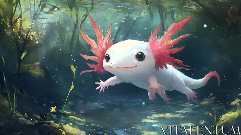 Bioluminescent axolotl drifting through refracted pond light.