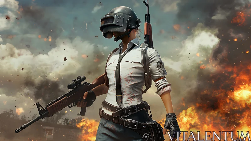 Helmeted shooter in white shirt amid heavy battlefield fire.