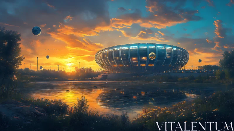 Futuristic stadium structure stands beside reflective water
