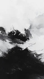 Monochrome waves swirling into calm open white sky.