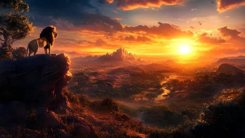 Lion surveys glowing savanna under blazing sunset sky.