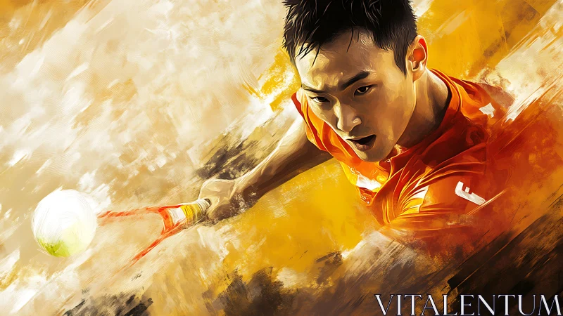 Dynamic tennis player lunges through blazing golden motion