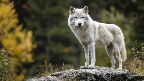 White wolf standing alert on rocky ledge in autumn forest.