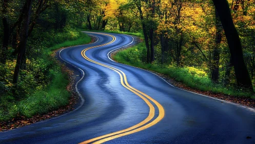 Winding forest road glows with wet pavement and fall color.