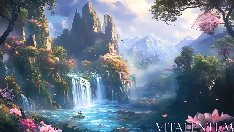 Mountain valley landscape with waterfalls and river basin.