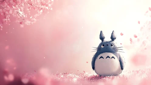 Gentle forest friend under dreamy pink blossoms at dawn.