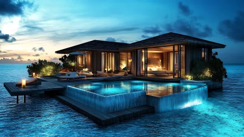 Modern overwater villa with illuminated infinity pool at dusk