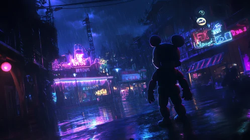Neon soaked night welcomes a lone mascot in rainy streets