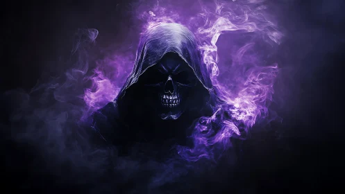 Grim reaper skull emerges from swirling violet smoke shroud.