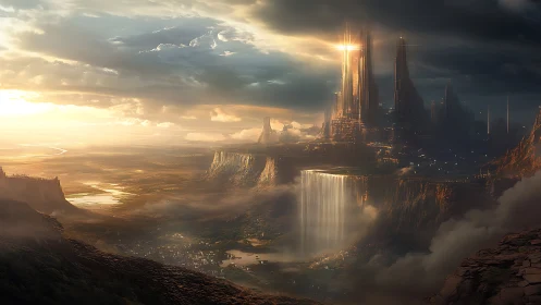 Futuristic cliffside megacity with radiant waterfalls panorama.