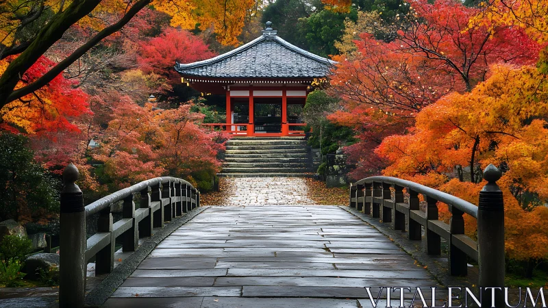 Quiet autumn bridge leading toward a hidden red temple.