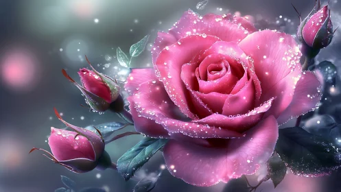Pink Rose with Dewdrops and Buds Against Soft Background