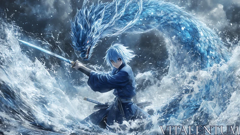 Sword-wielding water mage with coiling blue dragon spirit.