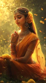 Golden-hued Indian bride in serene forest light. Period.