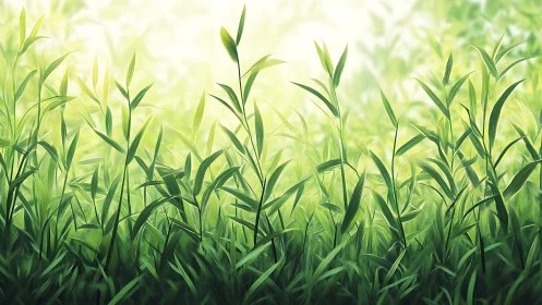 Sunlit Green Grass Close-Up in Soft Watercolor Style.