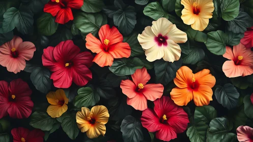 Hibiscus flowers arranged densely with varied colors and dark green foliage