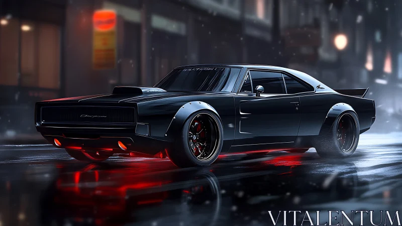 Midnight muscle car prowls a neon soaked rainy city street