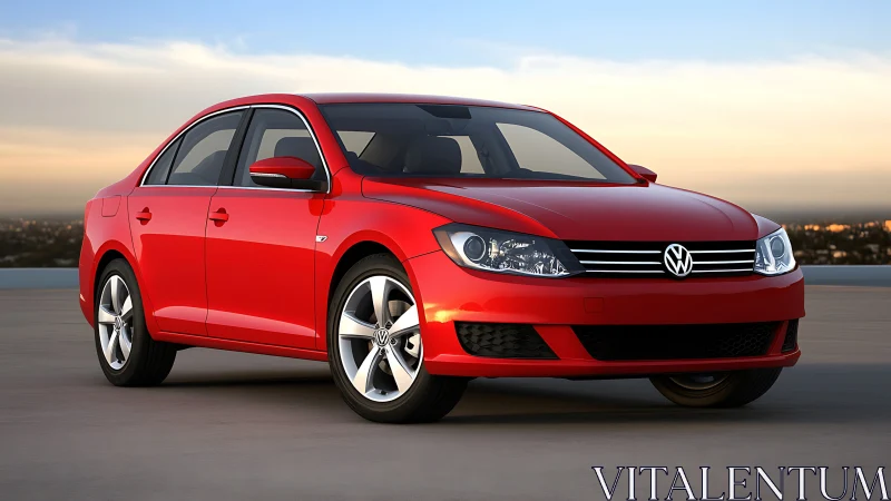 Photorealistic red sedan in cinematic sunset three-quarter pose.
