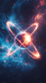 Fiery energy sphere orbits amid glowing cosmic nebula.