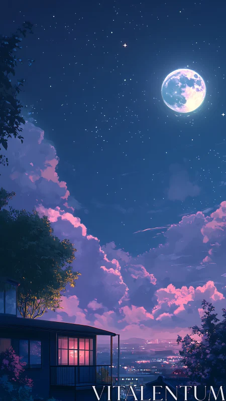 Moonlit suburban overlook under luminous twilight clouds
