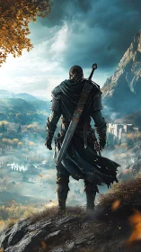 Armored swordsman overlooking expansive valley landscape.
