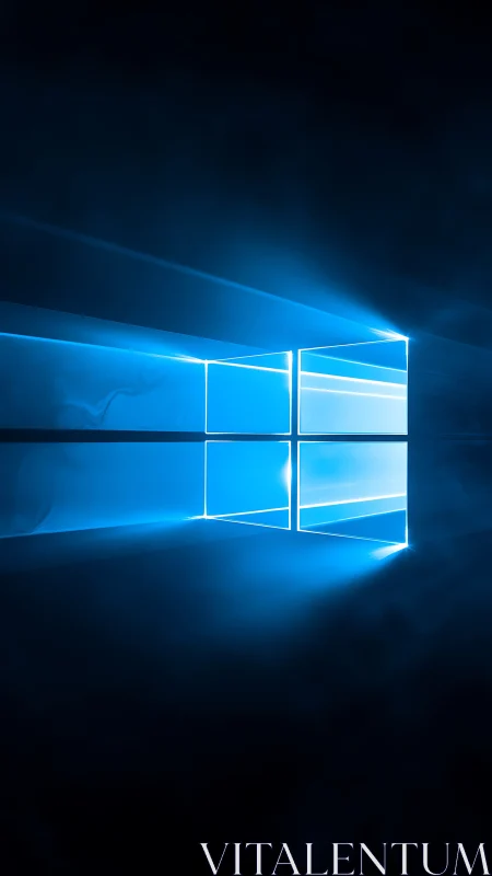 Glowing blue window grid with volumetric light beams in fog.