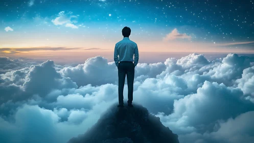 Stargazing above the clouds on a quiet dream peak.