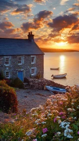 Stone cottage by tranquil bay under dramatic sunset light.