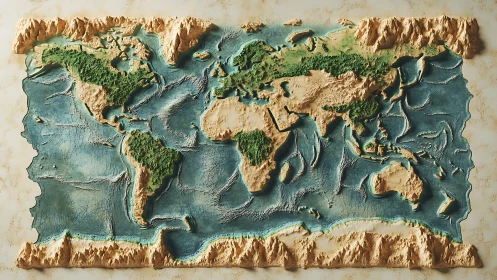Relief world map sculpture with textured oceans and landforms.