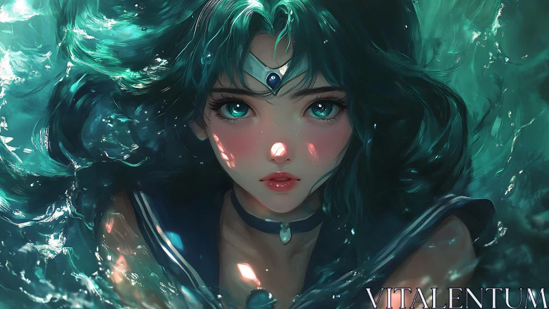 Tidal starlight heroine rising from teal whispering waters.