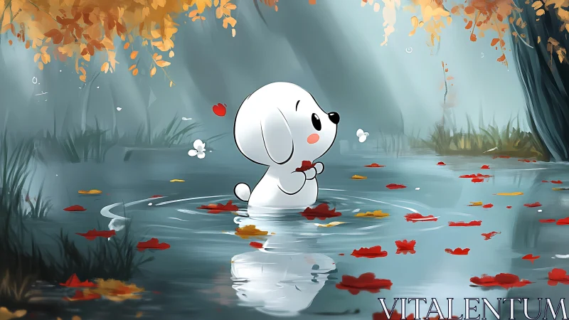 Cute white puppy in autumn pond rendered as soft digital art