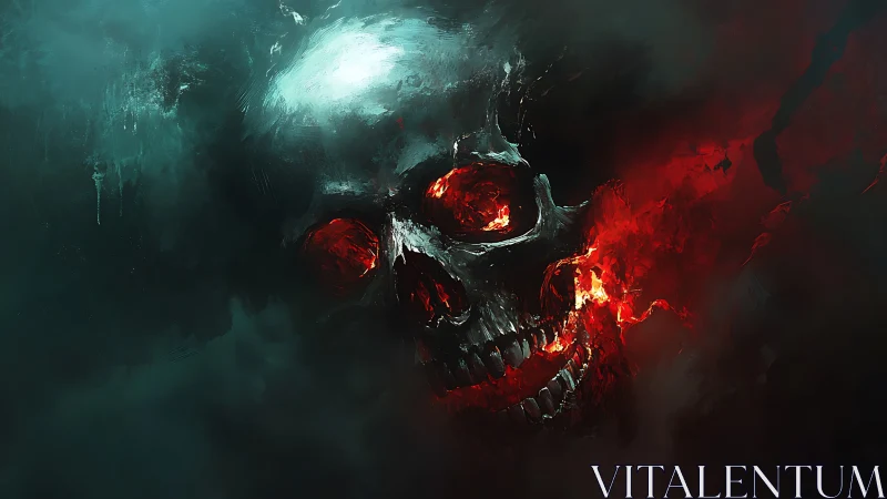 Burning crimson skull in dark swirling smoke field.