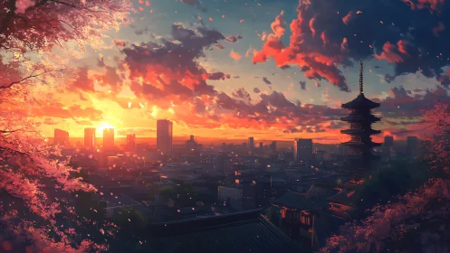 Sunset over Sakura City with silhouetted temple skyline.