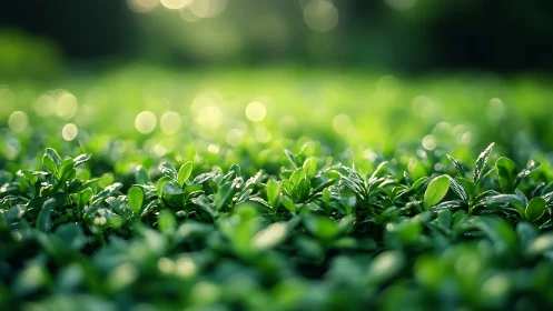 Lush Green Seedlings in Sunlight with Soft Bokeh Background.