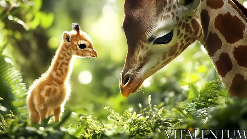 Gentle giraffe and calf in glowing forest clearing.