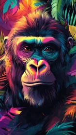 Gorilla portrait in multicolor jungle foliage environment.