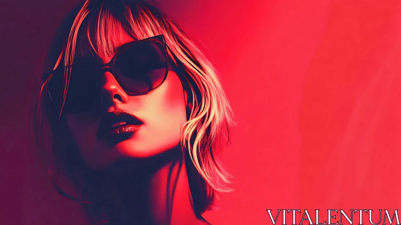 Stylized female portrait wearing sunglasses in red lighting.