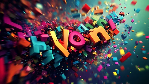 Exploding 3D typography shatters into vibrant geometric fragments