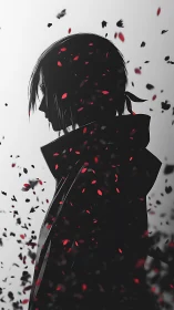 Silhouetted figure in coat amid drifting red petals.