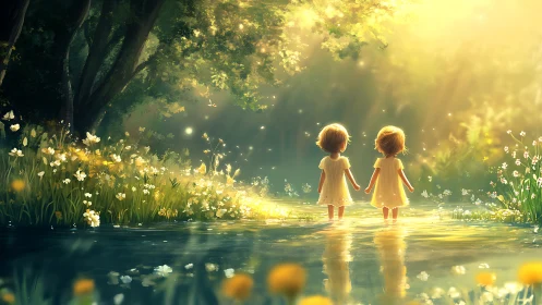 Backlit children wading in luminous forest stream at dawn