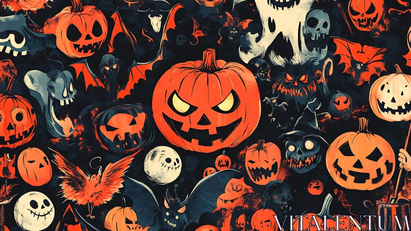 Grinning jack-o&rsquo;-lanterns crowd a spooky Halloween night scene.