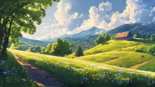 Sunny hillside trail with wildflowers and distant cottage.