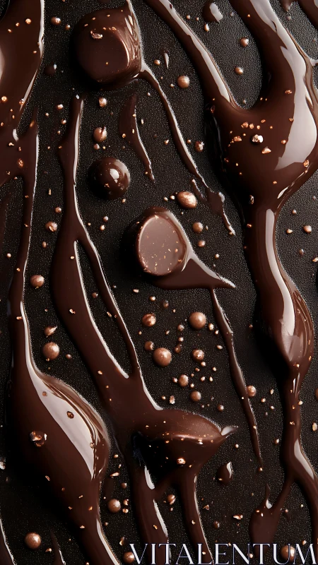 Silky dark chocolate drizzles with glossy truffle drops.